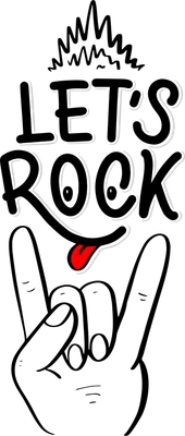 Hình minh họa chữ "Let's Rock" phong cách hoạt hình với mắt và lưỡi, bên dưới là bàn tay làm dấu hiệu rock on.