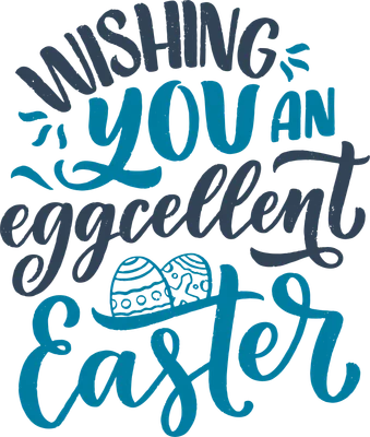 Hình in chữ viết tay 'Wishing You An Eggcellent Easter' màu xanh dương với hai quả trứng Phục Sinh trang trí.