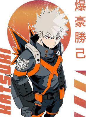 Hình ảnh nhân vật anime Katsuki Bakugo với mái tóc nhọn màu trắng, đôi mắt đỏ sắc sảo, mặc trang phục anh hùng màu xám đen và cam.