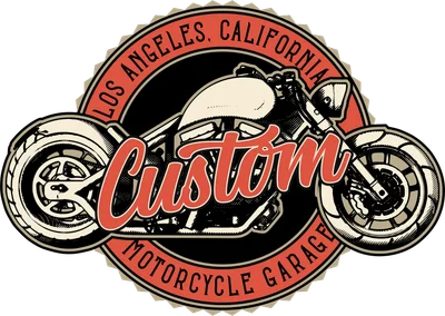 Hình in xe mô tô Custom phong cách retro với dòng chữ Los Angeles California Motorcycle Garage