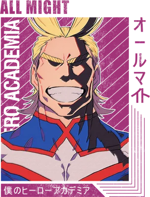 Hình ảnh All Might, nhân vật anime My Hero Academia, với biểu cảm tự tin và trang phục anh hùng đặc trưng.