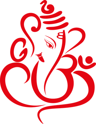 Hình ảnh biểu tượng thần Ganesha màu đỏ với các đường nét uốn lượn trên nền màu xám.