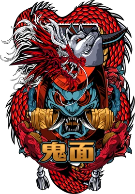Hình ảnh minh họa rồng đỏ Nhật Bản uy nghiêm kết hợp với mặt quỷ xanh dữ tợn, có chữ Hán "Quỷ Diện"