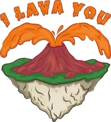 Hình minh họa núi lửa hoạt hình phun trào dung nham đỏ cam, trên đảo nổi xanh, với chữ 'I LAVA YOU' màu cam.
