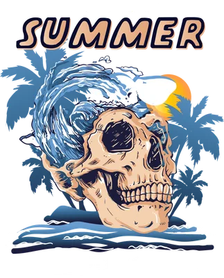 Hình in đầu lâu phong cách "Tropical Summer" với sóng biển xanh, cây dừa và hoàng hôn, kèm chữ "LET'S GET SURF"