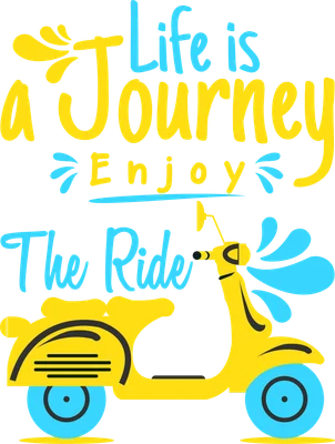 Hình ảnh minh họa dòng chữ 'Life is a Journey, Enjoy the Ride' với hình ảnh xe máy Vespa màu vàng và xanh dương nổi bật trên nền xám.