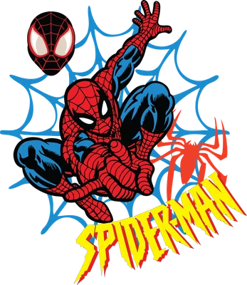 Hình ảnh hoạt hình Spider-Man đang đu tơ, với biểu tượng mạng nhện và chữ SPIDERMAN.