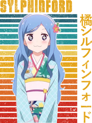 Hình ảnh cô gái anime tóc xanh dài, mặc kimono họa tiết hoa lá, đeo hoa trên tóc, biểu cảm đáng yêu.