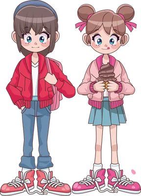 Hai cô bé hoạt hình, một bé đeo ba lô, một bé cầm kem ốc quế, phong cách chibi.