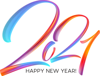 Số 2021 được vẽ bằng nét cọ màu sắc chuyển động, kèm dòng chữ Happy New Year.