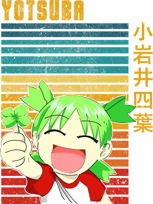 Hình ảnh cô bé Yotsuba với mái tóc xanh lá, đang cười tươi và cầm một cành cỏ bốn lá.