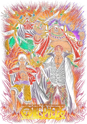Hình vẽ các nhân vật chính trong One Piece: Monkey D. Luffy, Shanks, Buggy và Marshall D. Teach (Râu Đen).