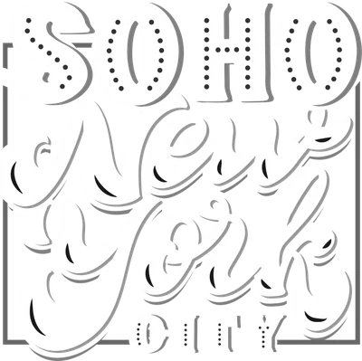 Thiết kế chữ SOHO New York City màu trắng trên nền xám, phong cách retro.