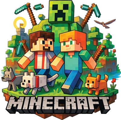 Hình ảnh Minecraft với nhân vật Steve, Alex, Creeper và các chú chó trong khung cảnh thế giới khối vuông.