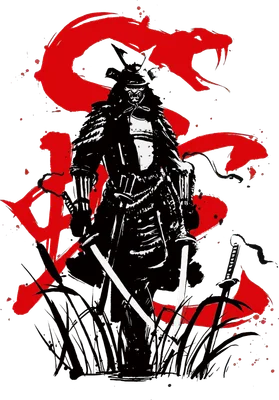 Hình ảnh chiến binh Samurai mặc giáp đen, cầm kiếm, đứng trước biểu tượng rồng đỏ cách điệu trên nền xám.