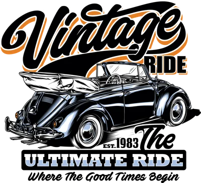 Hình ảnh minh họa xe hơi cổ điển màu đen với dòng chữ "Vintage Ride" và "The Ultimate Ride"