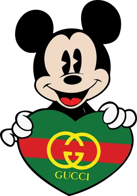 Hình ảnh Mickey Mouse hoạt hình ôm trái tim màu xanh lá, đỏ, vàng với logo Gucci.