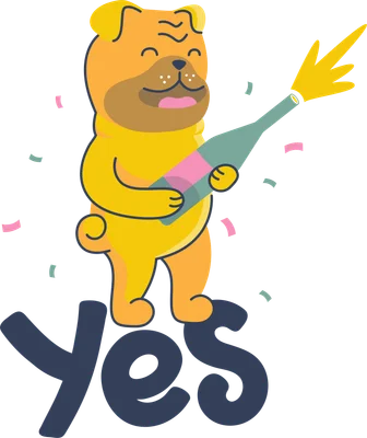 Hình ảnh minh họa chú chó pug màu vàng đang vui vẻ bật chai sâm panh, có chữ 'yes' và giấy vụn màu hồng, xanh lá cây.