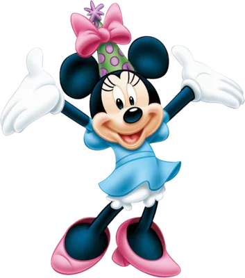 Hình ảnh Minnie Mouse hoạt hình vui vẻ mặc váy xanh, đội mũ sinh nhật hồng và xanh lá.