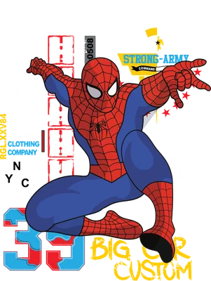 Hình ảnh Spider-Man trong tư thế hành động, trang phục đỏ xanh đặc trưng, trên nền xám với các họa tiết số và chữ.