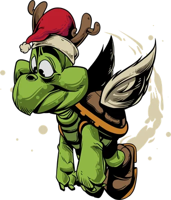 Hình ảnh rùa xanh đội mũ ông già Noel và sừng tuần lộc, đeo ba lô, dáng vẻ ngộ nghĩnh.
