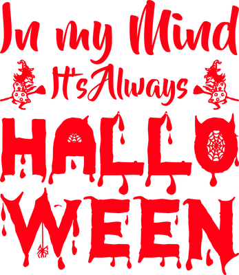 Dòng chữ "In my Mind It's Always Halloween" màu đỏ với hình ảnh phù thủy và nhện, phong cách Halloween.
