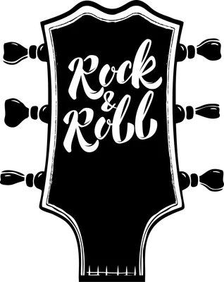 Hình ảnh đầu đàn guitar màu đen trắng với chữ "Rock & Roll" viết tay nổi bật.