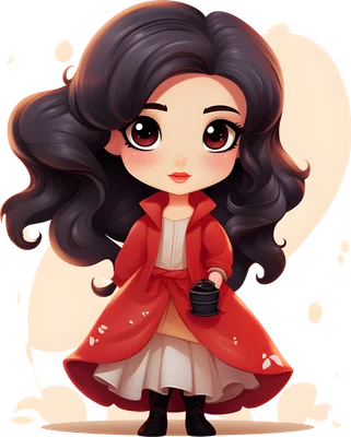 Cô gái chibi tóc đen áo đỏ dễ thương, phong cách hoạt hình