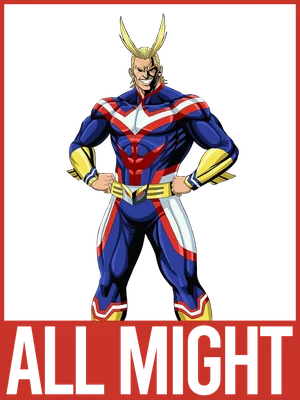 Hình ảnh All Might, nhân vật anh hùng cơ bắp trong bộ trang phục xanh đỏ vàng, đứng tạo dáng.