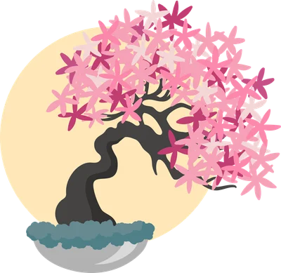 Cây bonsai với thân cây uốn lượn và tán lá hoa anh đào màu hồng rực rỡ, trên nền hình tròn màu vàng nhạt.