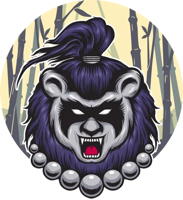 Hình ảnh minh họa gấu trúc đội tóc samurai, đeo vòng cổ ngọc trai, với nền tre.