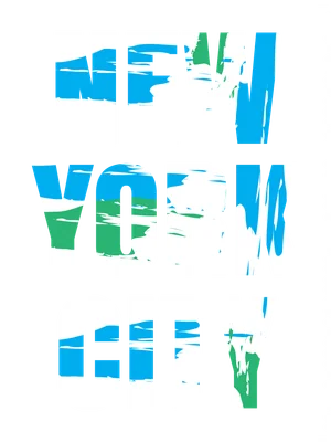Chữ "New York City" lớn, font dày, nền xám, chữ được tô màu xanh lá và xanh dương theo phong cách graffiti.