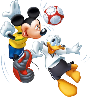 Mickey Mouse và Donald Duck trong trang phục thể thao đang chơi bóng đá với quả bóng đỏ trắng trên nền xám.