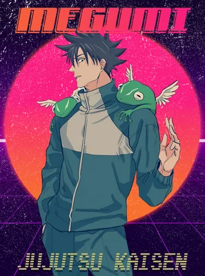 Hình vẽ Megumi Fushiguro từ Jujutsu Kaisen với chú ếch trên vai, phong cách retro synthwave.