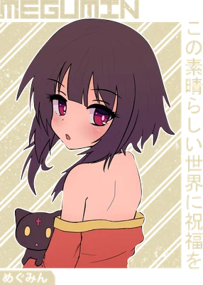 Hình ảnh cô gái anime Megumin với mái tóc nâu, mắt tím, mặc áo đỏ, ôm mèo đen, có chữ "MEGUMIN" và chữ Nhật.