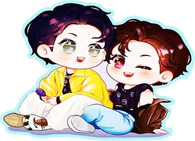 Hình vẽ chibi hai nhân vật nam ngồi cạnh nhau, một người mặc áo vàng, người còn lại mặc áo đen.