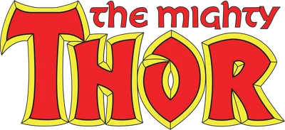 Logo chữ 'The Mighty Thor' màu đỏ viền vàng trên nền xám