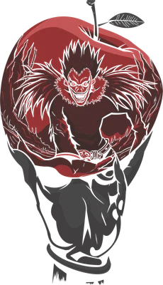 Hình minh họa Ryuk, thần chết từ Death Note, bên trong một quả táo đỏ, với bàn tay xám phía dưới.
