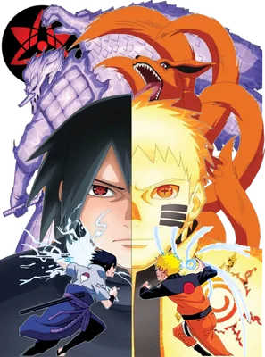 Hình ảnh Naruto và Sasuke đối đầu, với Cửu Vĩ và Susano'o ở phía sau, biểu tượng Sharingan và Uchiha.