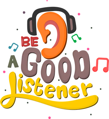 Hình minh họa chữ 'Be A Good Listener' với tai nghe, tai người và nốt nhạc nhiều màu sắc trên nền xám.