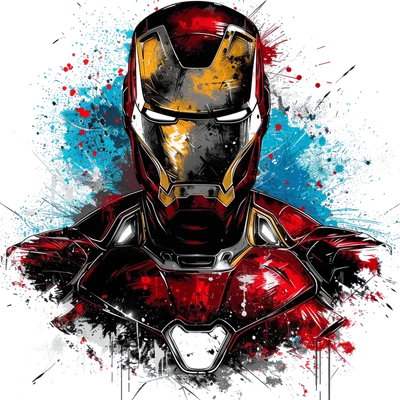 Hình minh họa Iron Man với hiệu ứng splatter art màu đỏ, vàng, đen và xanh trên nền xám.