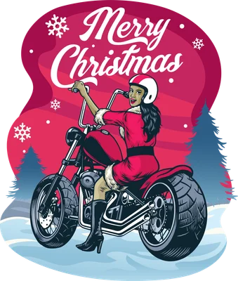 Hình minh họa cô gái mặc đồ ông già Noel lái xe mô tô phong cách retro với chữ Merry Christmas