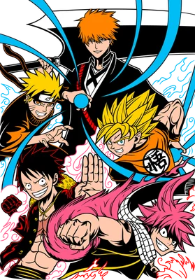 Hình ảnh minh họa 5 nhân vật anime nổi tiếng: Ichigo Kurosaki, Naruto Uzumaki, Son Goku, Monkey D. Luffy, Natsu Dragneel.