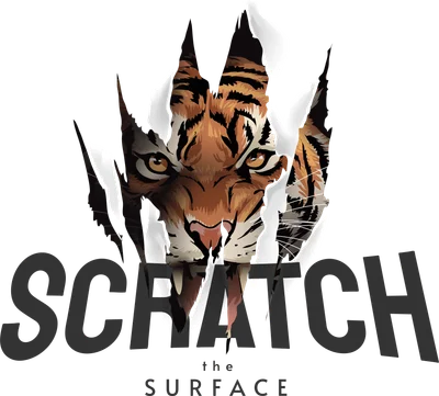 Hình ảnh đầu hổ hung dữ xé rách bề mặt với dòng chữ Scratch the Surface