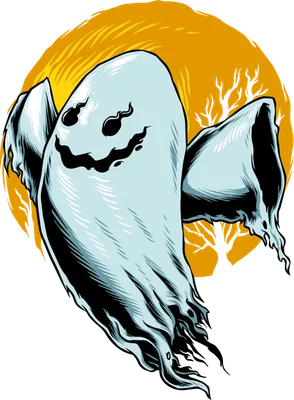 Hình minh họa con ma trắng dễ thương trên nền mặt trăng vàng cho thiết kế áo thun Halloween