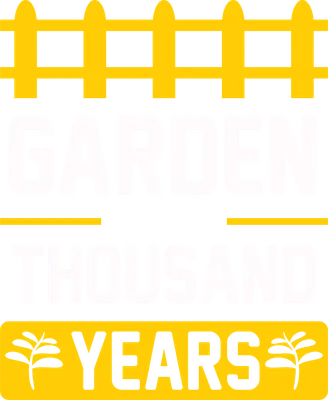 Thiết kế chữ "GARDEN Life Of A THOUSAND YEARS" với hàng rào vàng và lá cây cách điệu.