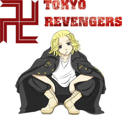 Hình vẽ nhân vật Mikey từ Tokyo Revengers, tóc vàng, mặc áo khoác đen, ngồi xổm, ngậm tăm xỉa răng.
