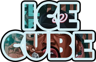 Hình ảnh rapper Ice Cube hút thuốc, đội mũ, phong cách hiphop, chữ ICE CUBE cách điệu.