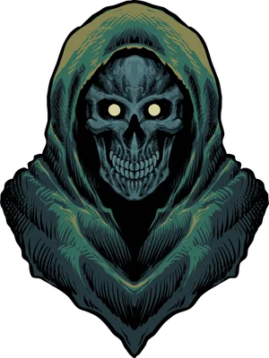 Hình minh họa đầu lâu đội mũ trùm đầu phong cách dark art với đôi mắt phát sáng