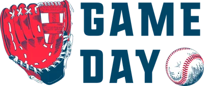 Hình ảnh minh họa găng tay bóng chày màu đỏ và bóng chày, cùng dòng chữ 'GAME DAY' màu xanh.